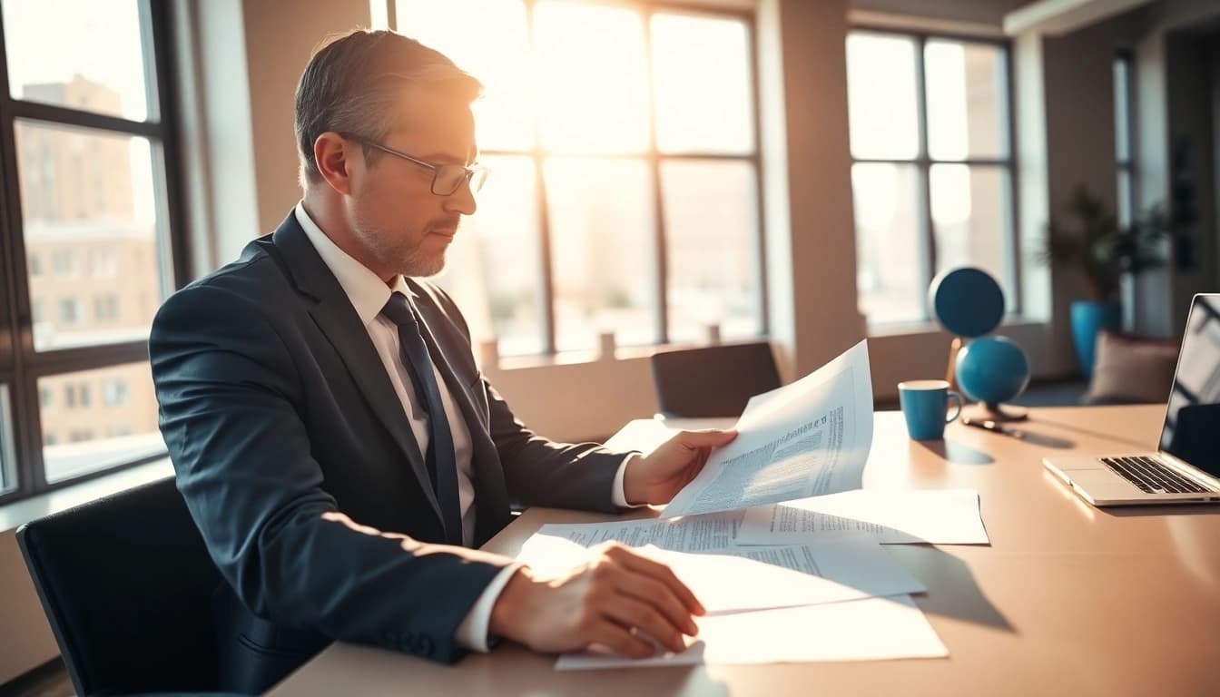 Verifying Aufhebungsvertrag prüfen with a lawyer at a desk amidst legal documents.