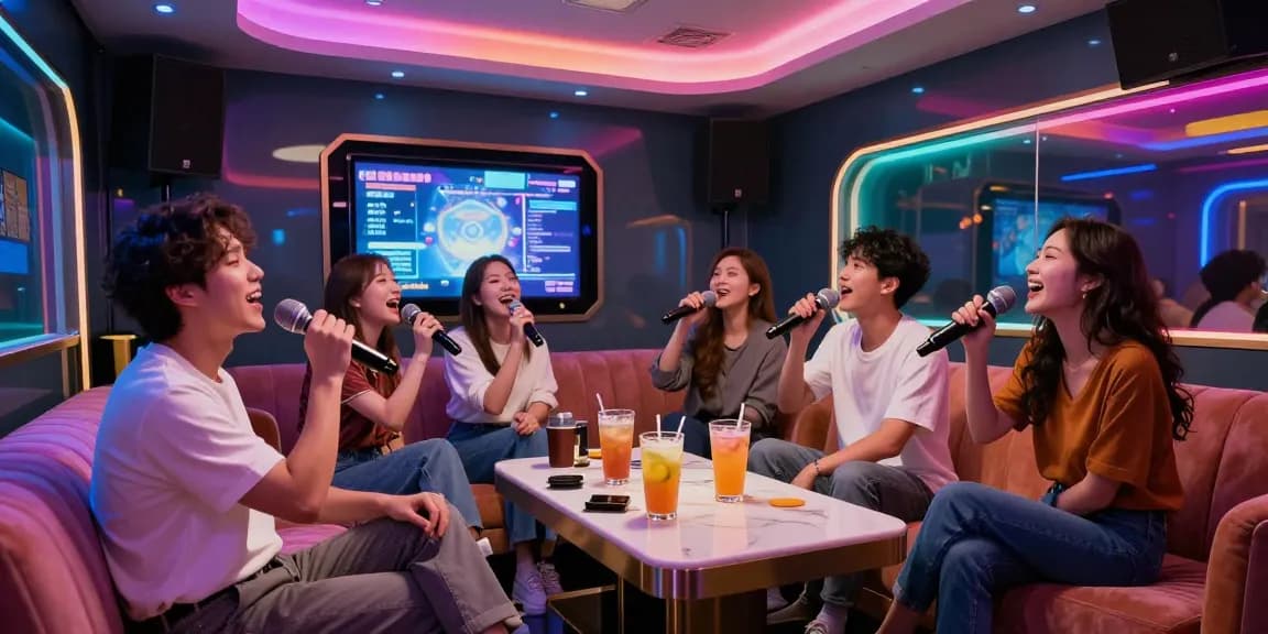 강남 가라오케에서 친구들과 함께 노래를 부르며 즐거운 시간을 보내는 모습입니다.