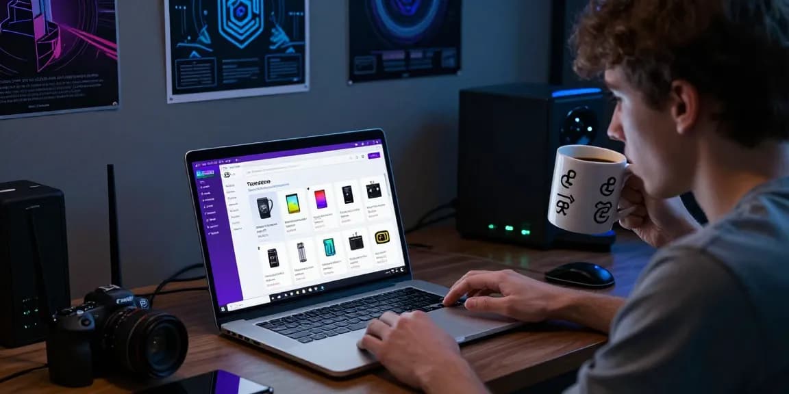 User exploring the Torzon darknet market link and onion mirrors on a laptop amidst tech-themed décor, highlighting the vibrant interface and atmosphere of digital exploration.