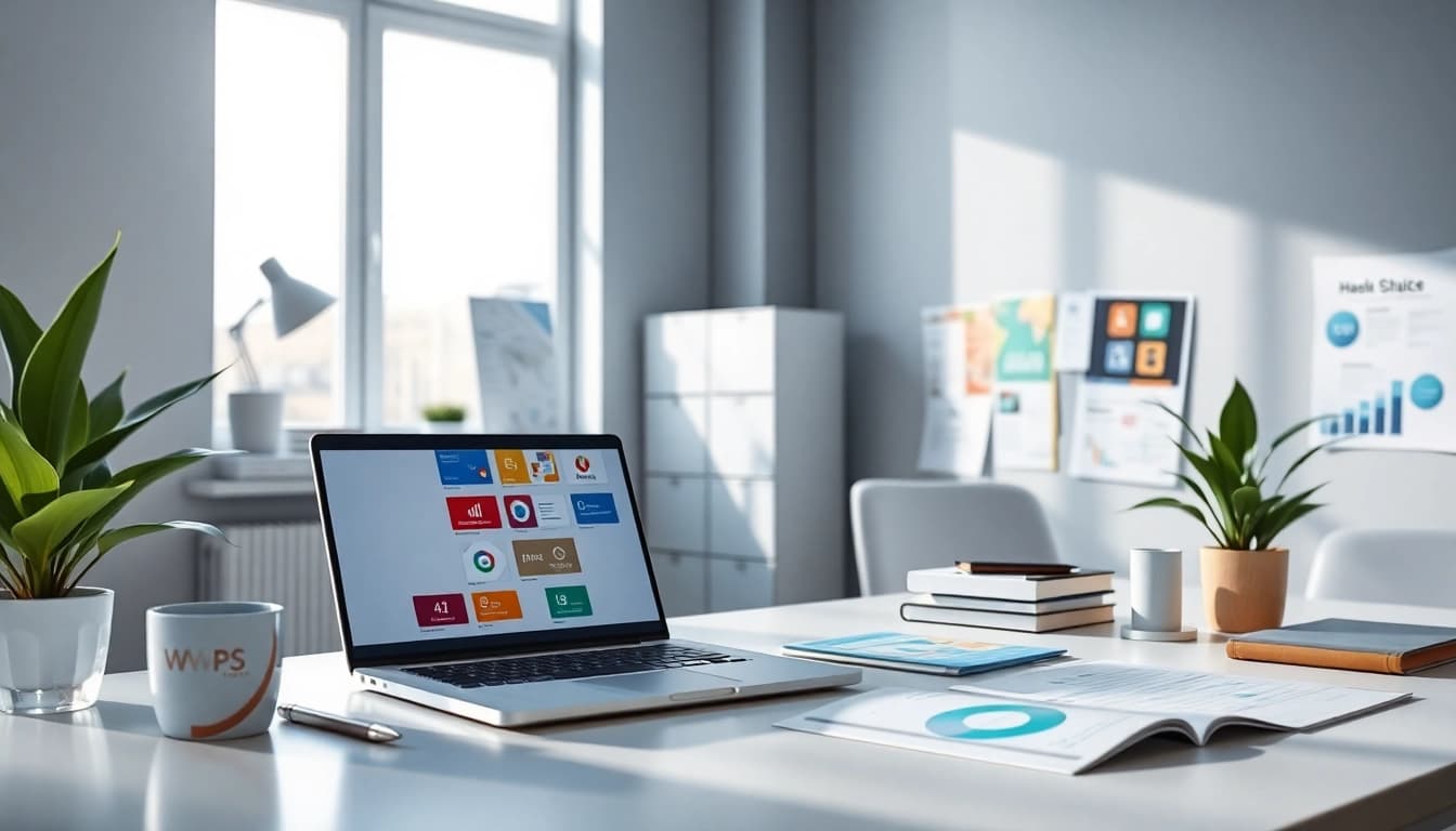 Efficient workspace featuring WPS官网 interface, showcasing AI productivity tools and vibrant templates.
