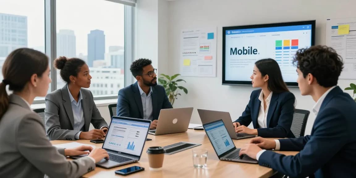 Team discussing business mobile deals UK in modern office setting.
