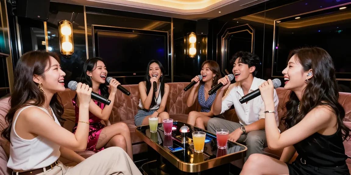 프리미엄 강남 가라오케에서 친구들과 즐거운 시간을 보내는 모습