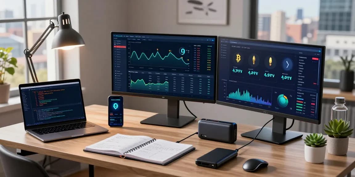 Cloud mining crypto trading setup featuring advanced charts, digital wallets, and DeFi interfaces in a modern office.