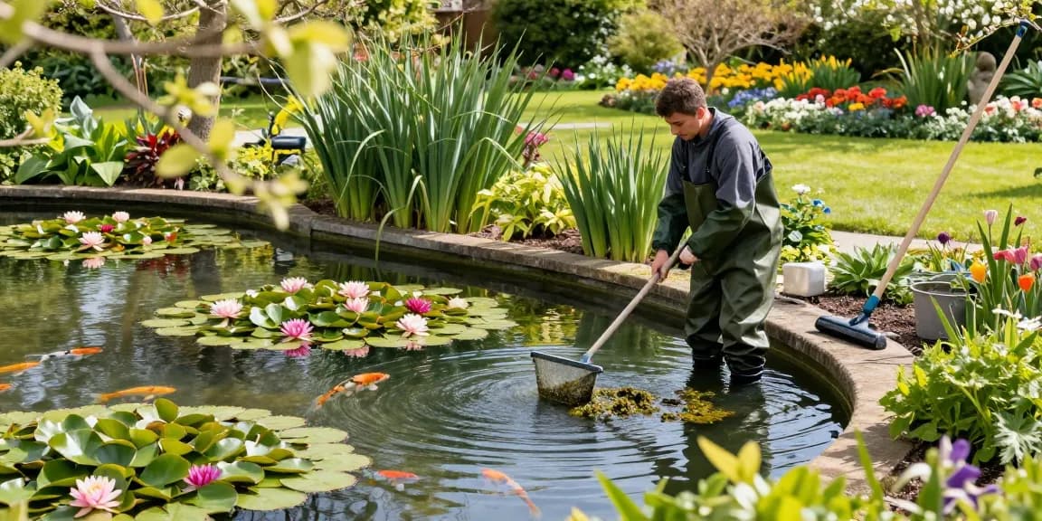 Pond Clean Surrey professional cleaning algae and debris from a garden pond.