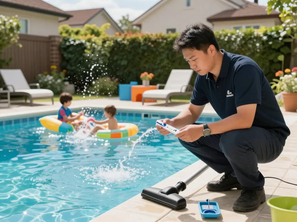 Dolphin Pool Services technician checking water chemistry in a sunny backyard pool setting