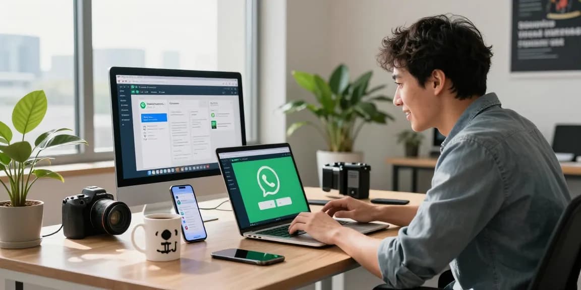 User excitedly downloading WhatsApp下載 in a bright tech workspace with modern gadgets.