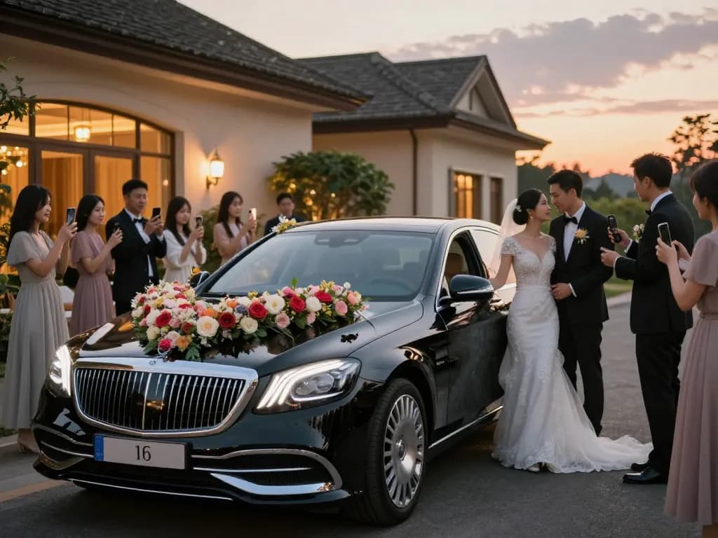 Thuê một chiếc xe cưới sang trọng, với chiếc Mercedes được trang trí bằng những bông hoa đẹp cho buổi lễ hoàn hảo.