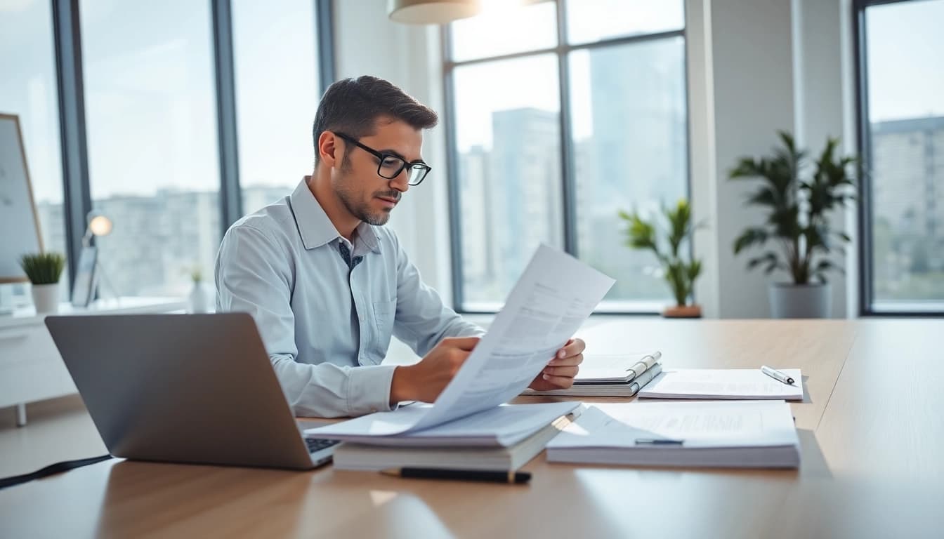 Expertly analyzing FCPA/DCAA/Flowdown/ITAR/EAR compliance documents in a bright office.