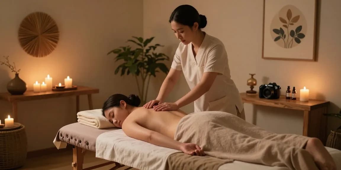 대치동마사지로 편안하게 힐링하는 모습과 아로마 오일, 촛불로 아늑한 마사지 룸 환경