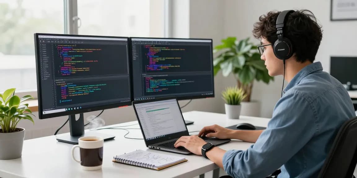 Dynamic workspace for 纸飞机下载 software development featuring coding screens, coffee, and plants.