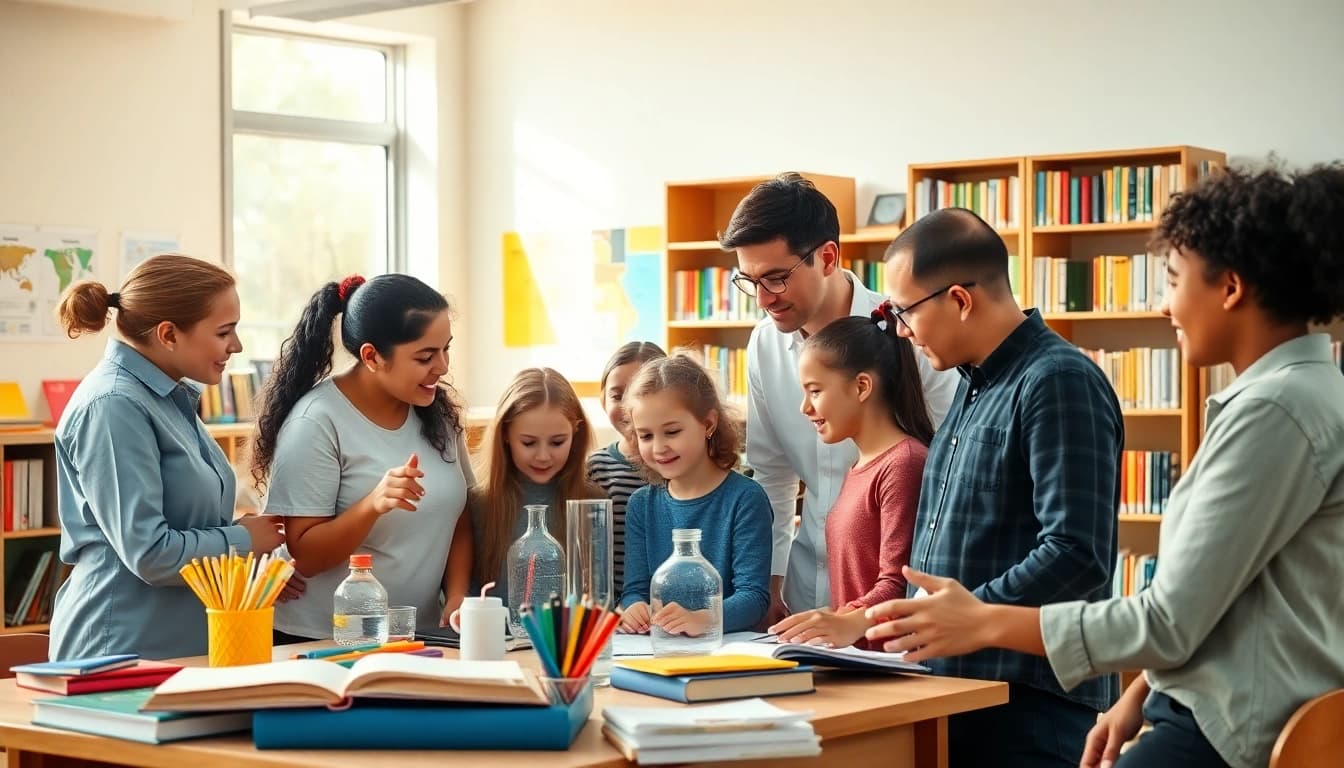 Engaging Education scene showcasing teachers and diverse students in a bright classroom setting.