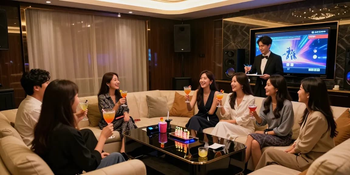 강남구구단에서의 프라이빗 파티 장면, 고급스러운 인테리어와 소음이 적은 환경, 전문 스태프가 음료를 제공하는 모습