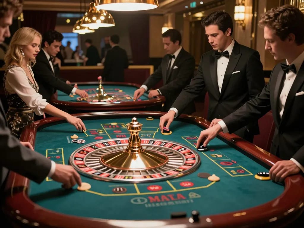 Nk88 players engaging in thrilling roulette action at an elegant casino.