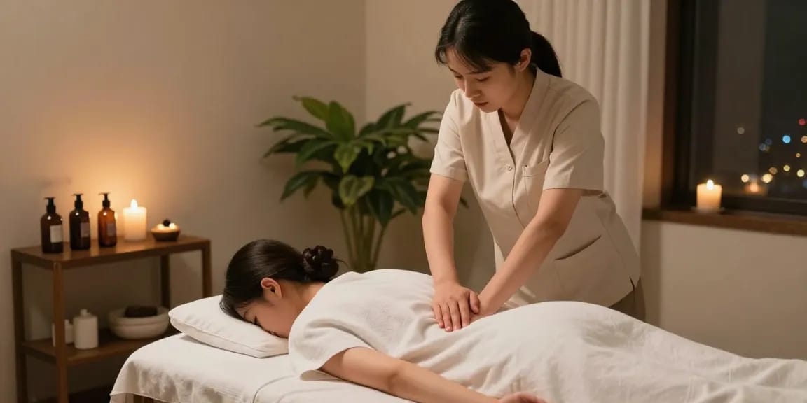 스웨디시 마사지 전문가가 편안한 마사지 테이블에서 고객에게 마사지 서비스를 제공하는 모습