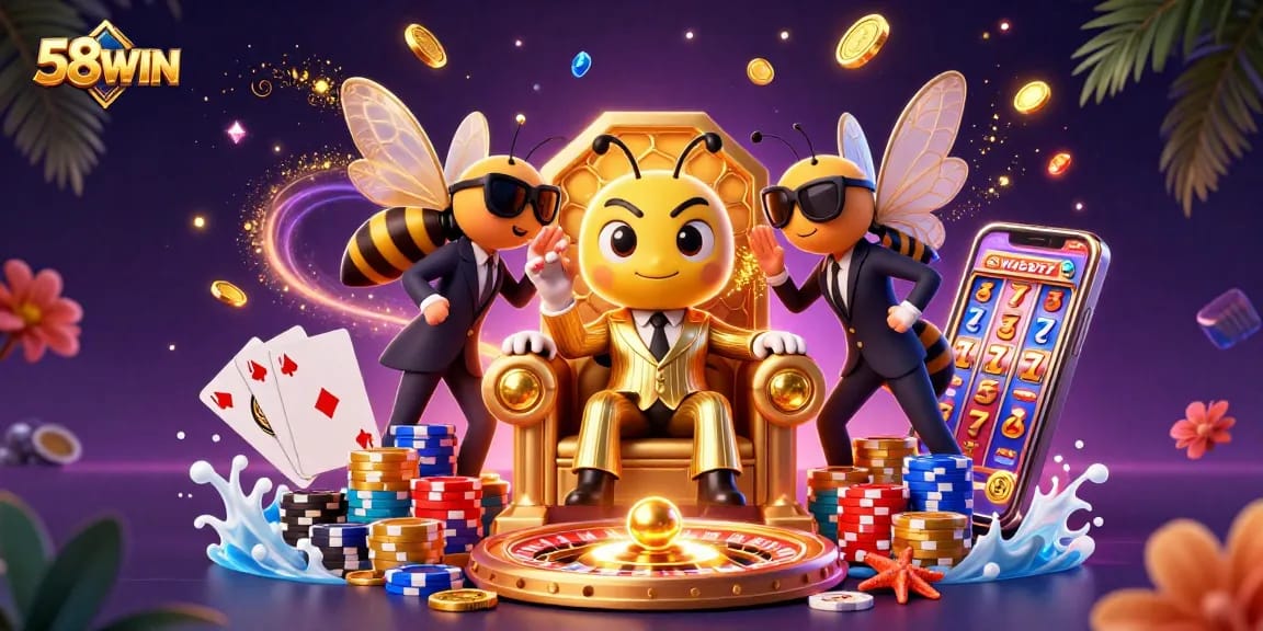 Experience the excitement at 58WIN with vibrant casino elements and dynamic characters.