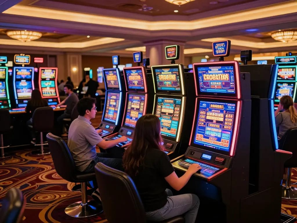 JPTOTO players enjoying vibrant slot machines and celebrating wins in lively casino atmosphere