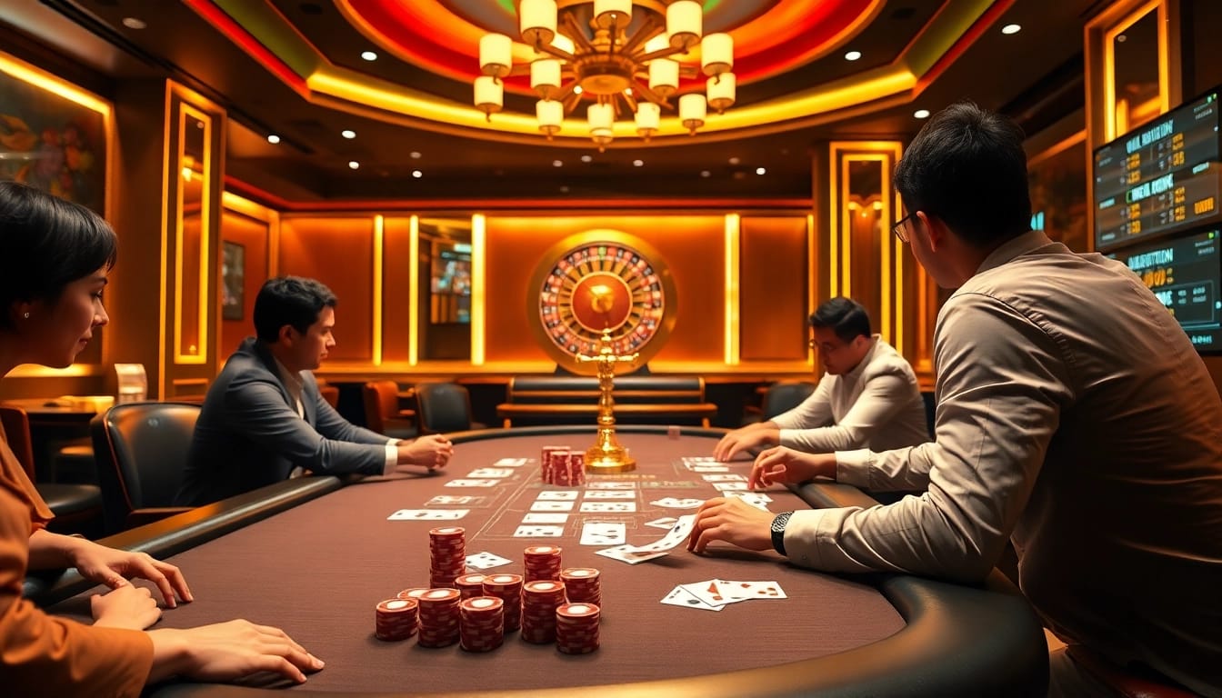 Players strategizing in a vibrant PS99 poker game at a luxurious casino.