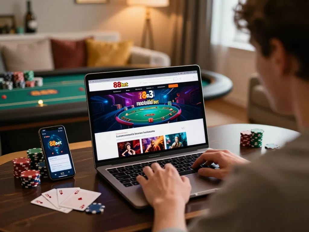 Engaging online casino experience with 88bet com showcased on a laptop amidst vibrant gaming elements.