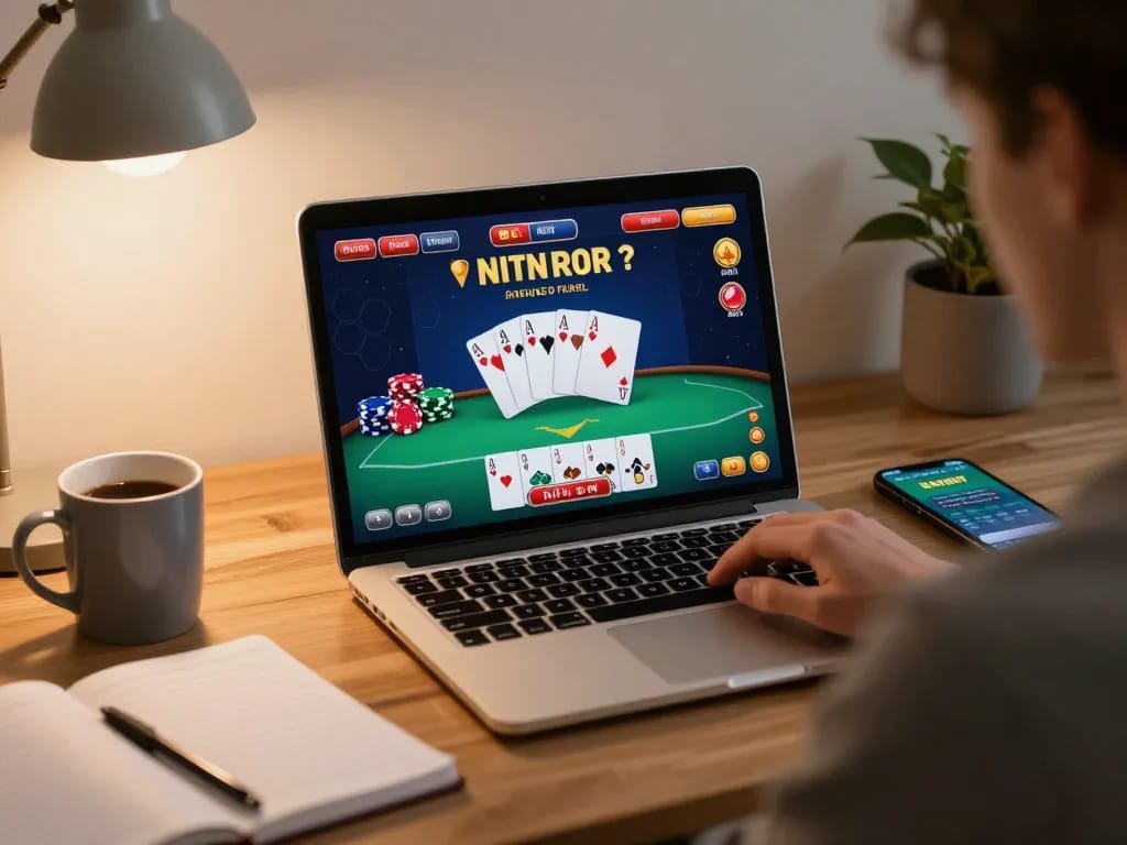 Engaging online poker gameplay on laptop screen with sunwin branding, showcasing strategy tracking and cozy home environment