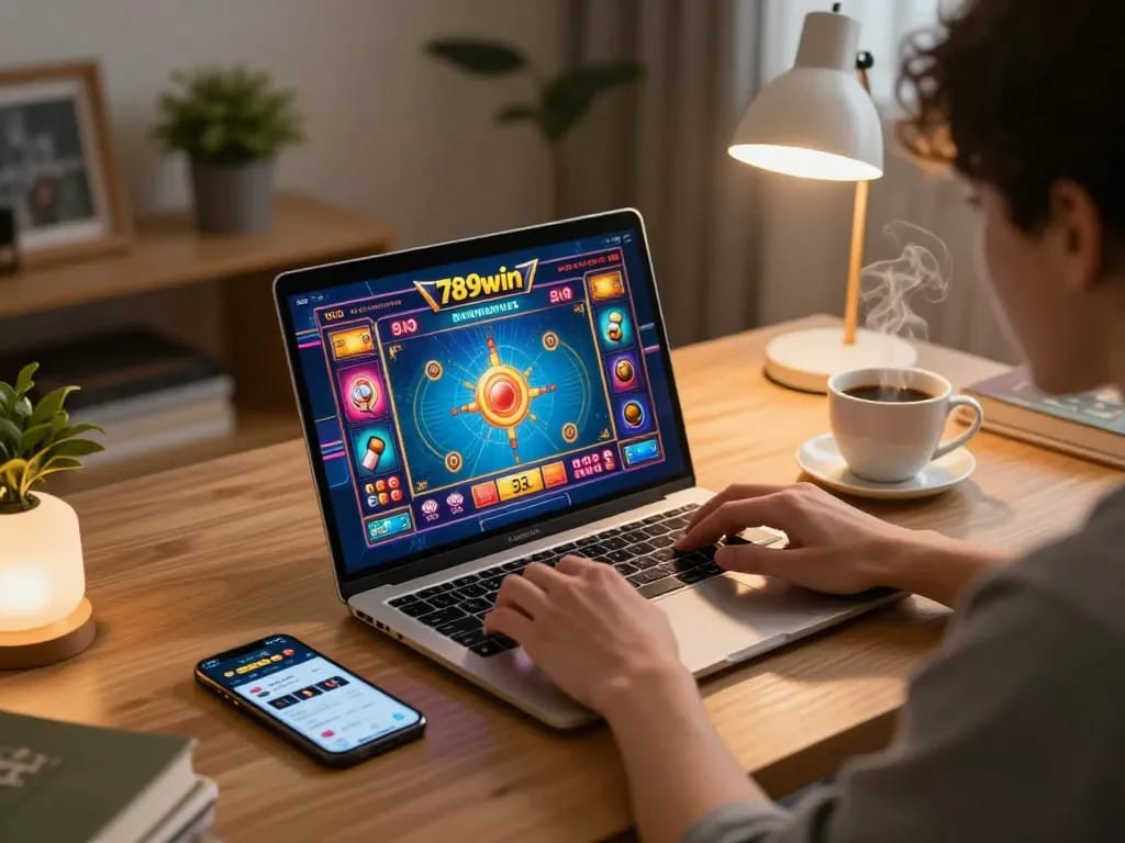Engaging player enjoying a game on 789win online casino from a cozy home setup.