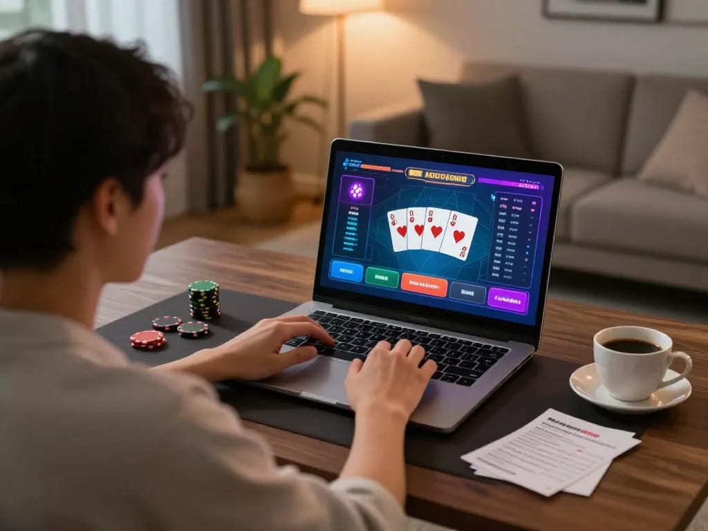 Player engaging in strategic kkwin casino gaming on laptop, showcasing a modern setup with poker interface.