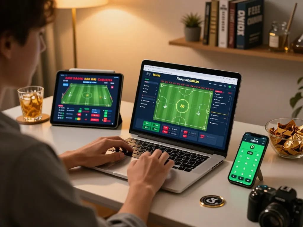 Engaging in Kèo nhà cái betting with live odds visible on laptop in a cozy setting.