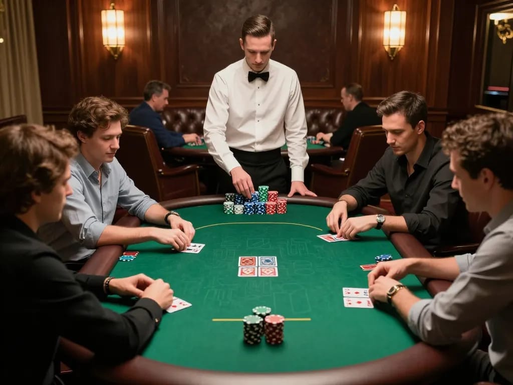 Pemain yang terlibat merancang strategi poker di sekitar meja mewah di ruang permainan yang elegan.