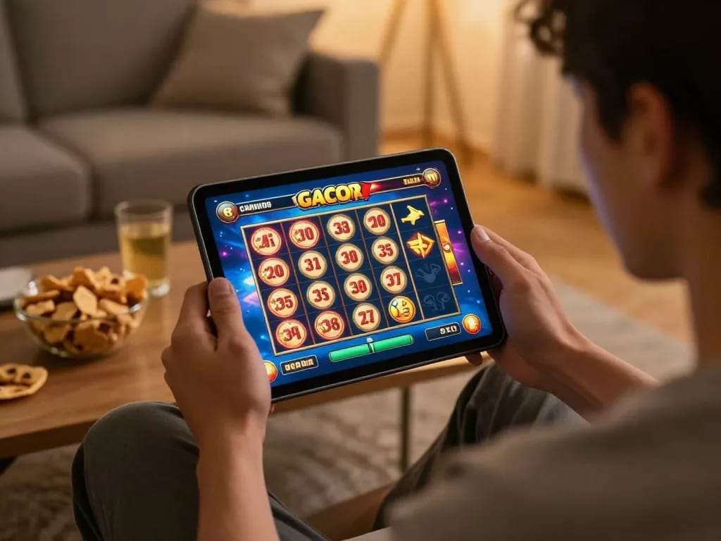 Pemain yang terbenam dalam permainan slot gacor di tablet, menunjukkan pengalaman perjudian online yang mendebarkan