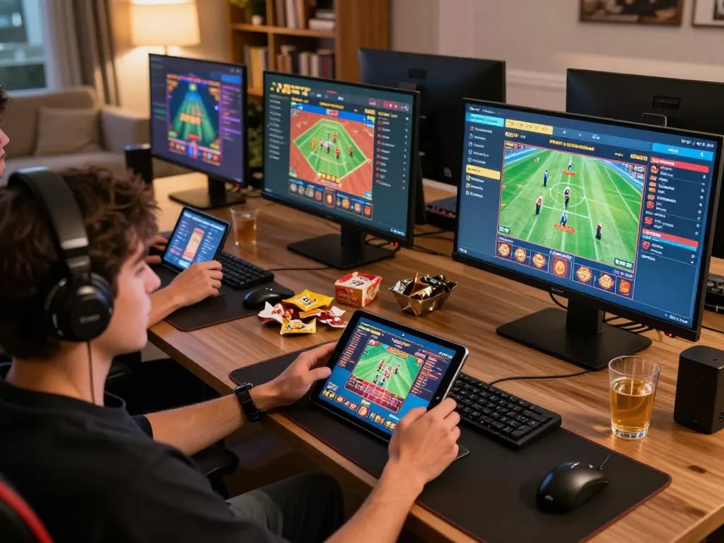 Engaging player enjoying online casino games on multiple screens at home with sc888 focused gameplay.