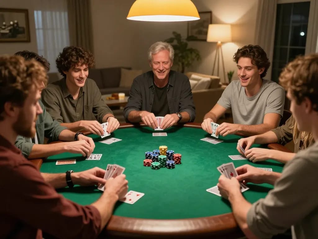 Players enjoying a poker night with friends around a table at BL555, highlighting excitement and strategy.
