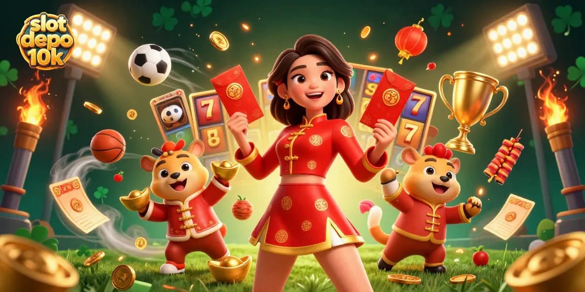 Engage with slot depo 10k gaming excitement in a vibrant digital illustration featuring festive elements and dynamic visuals.