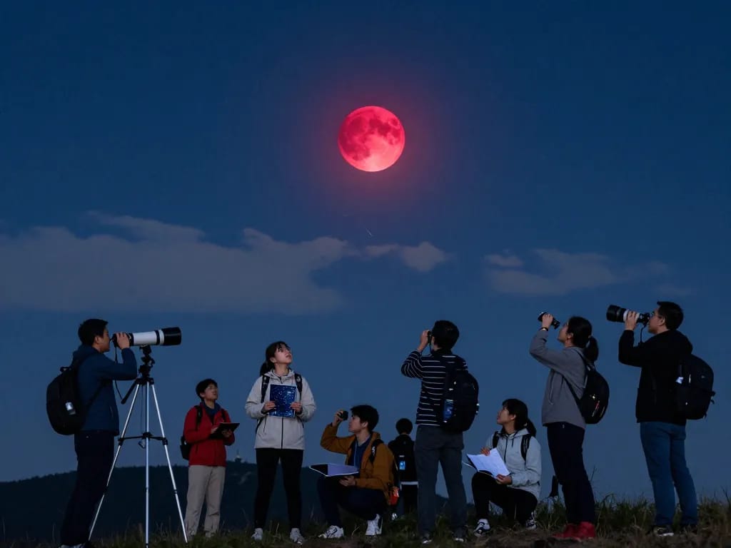 Total lunar eclipse scene with a red moon illuminating excited astronomers observing the night sky.
