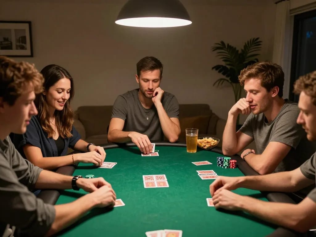 Friends enjoying a poker night at home with tr88 strategy discussions and chips in play