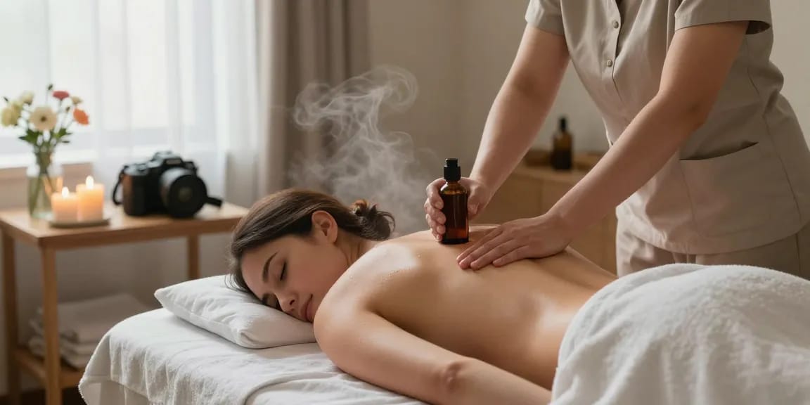 마사지 테라피 장면, 아로마 오일을 사용하는 마사지사와 편안한 스파 환경.