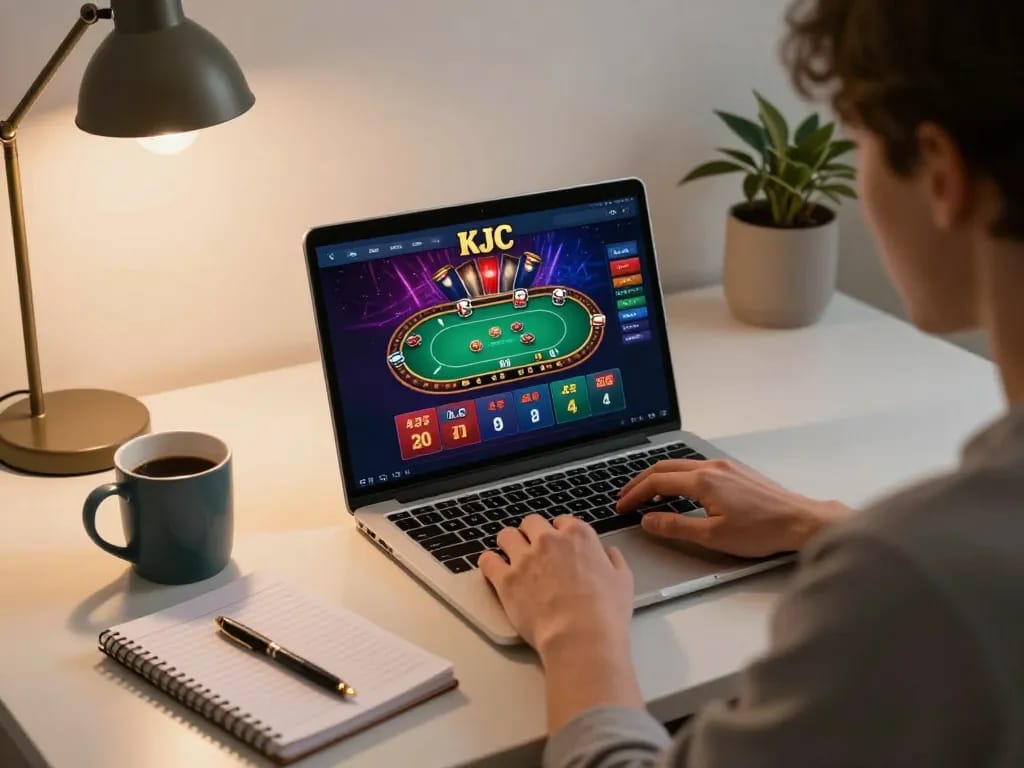 KJC player engaged in online casino gaming with strategic notes and cozy atmosphere.