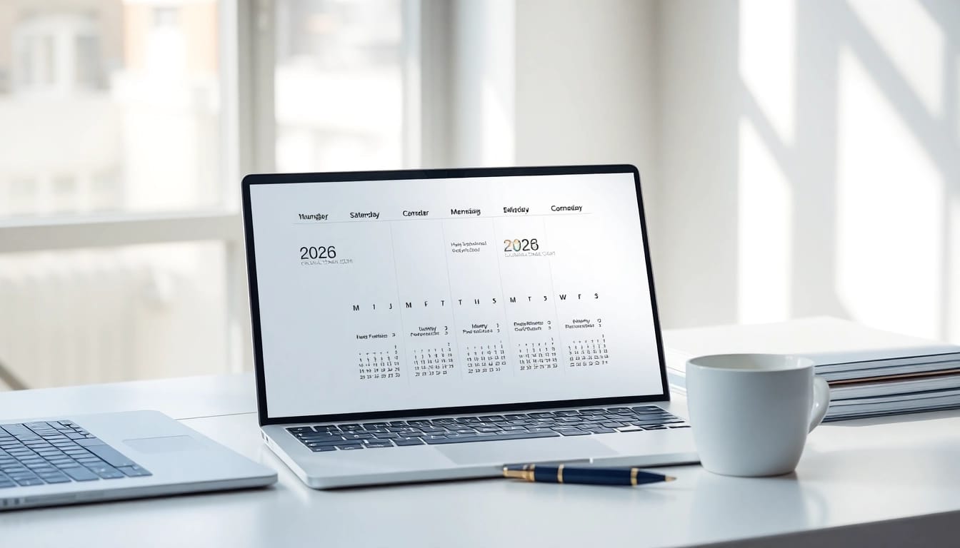 2026 calendar pdf displayed in a modern workspace with a laptop and coffee cup.