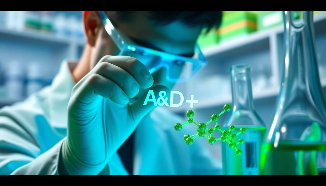 NAD+ analysis by a scientist with lab equipment in a bright research environment.