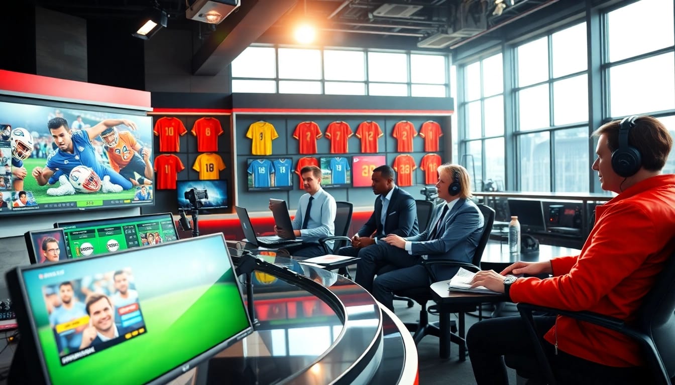 Engaging scene of sports broadcasting with diverse personalities discussing live events.