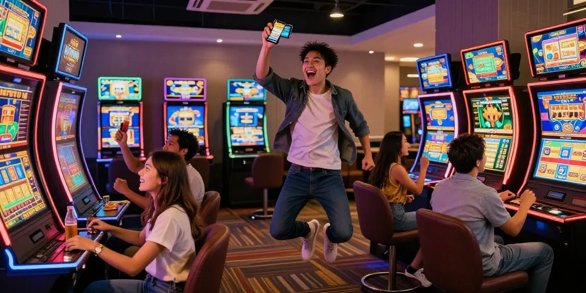 Exciting group celebration at a situs gacor online gambling lounge, showcasing friends winning on a betting app.