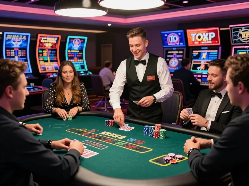 Exciting live casino action at https://bong99.pro/ with players enjoying blackjack under bright lights.