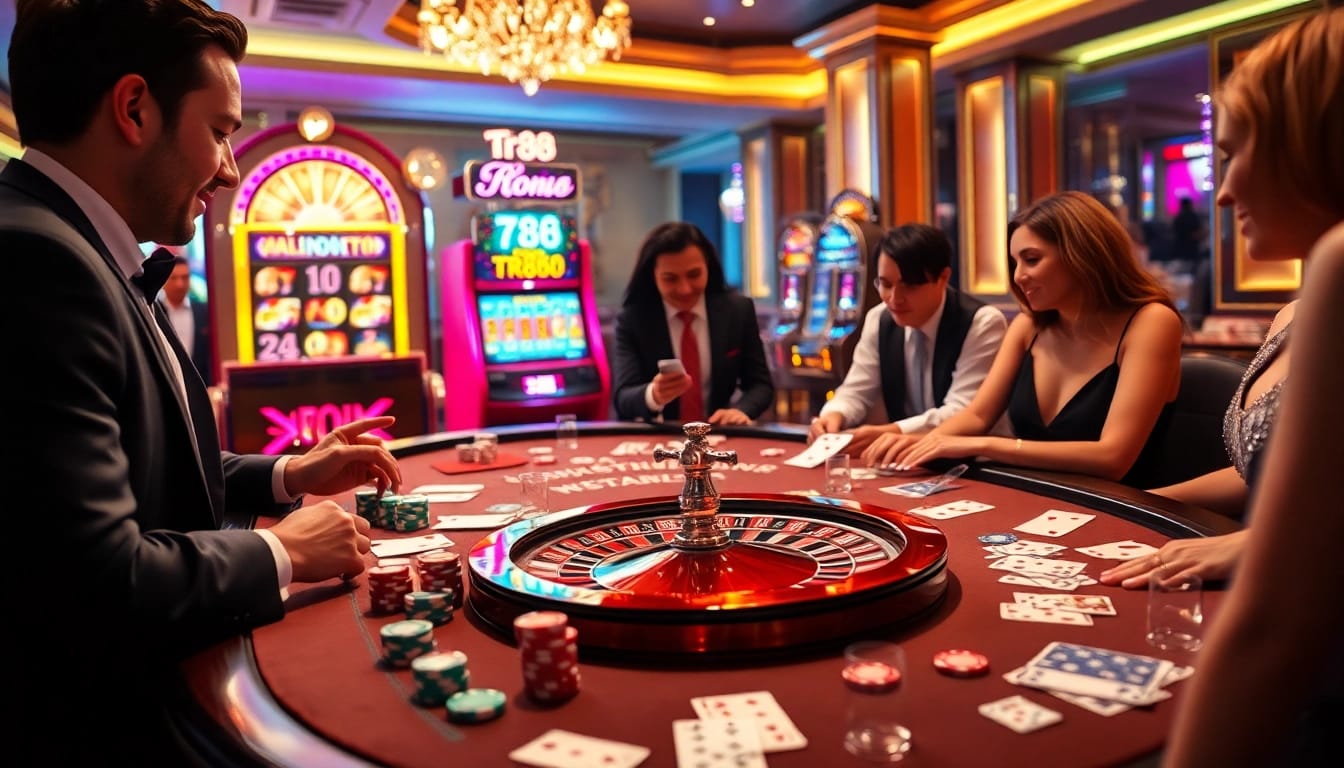 Experience the excitement at TR88 casino featuring vibrant poker chips and a roulette wheel.