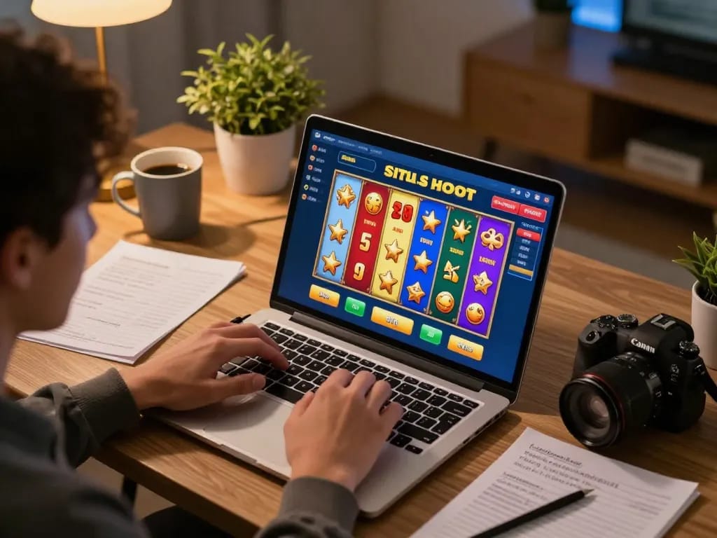 Sitting at home, playing situs slot online with vibrant reels and betting strategy notes.