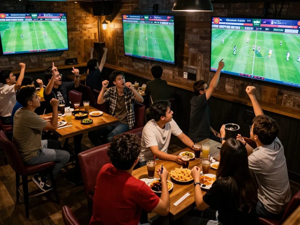 Cakhia TV sports fans intensely watching a live football match with excitement