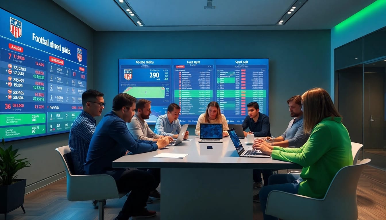 Engaged group analyzing live football odds on https://keonhacai.gold/ in a modern setting.