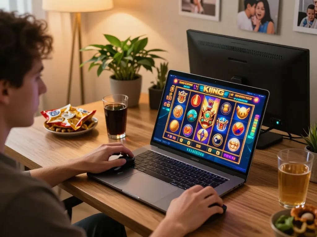 Player engaging with king slot game on laptop, showcasing a vibrant home gaming setup