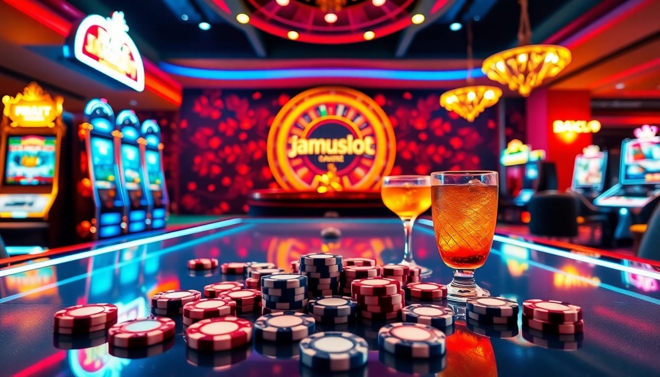 Experience the excitement of jamuslot alternatif with vibrant slot machines and a roulette wheel.