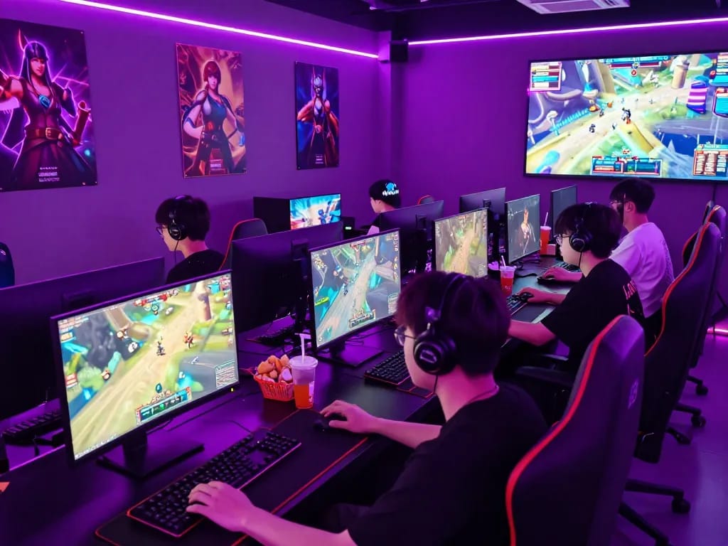Engaged gamers in vibrant neon purple setting for mantra88 login, showcasing colorful game interfaces and dynamic atmosphere.