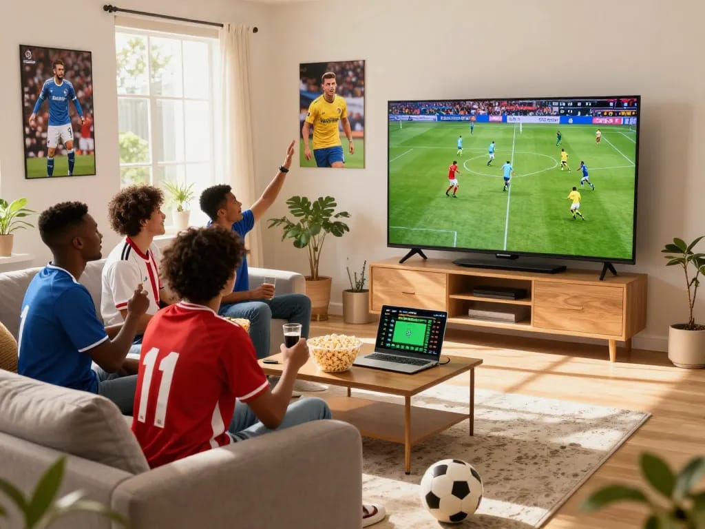 Fans enjoying a live football match on Luong Son TV, creating an exciting and communal atmosphere.