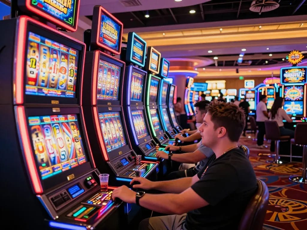 Players enjoying slot machines at cm88-t1 casino, vibrant lights and excitement fill the atmosphere