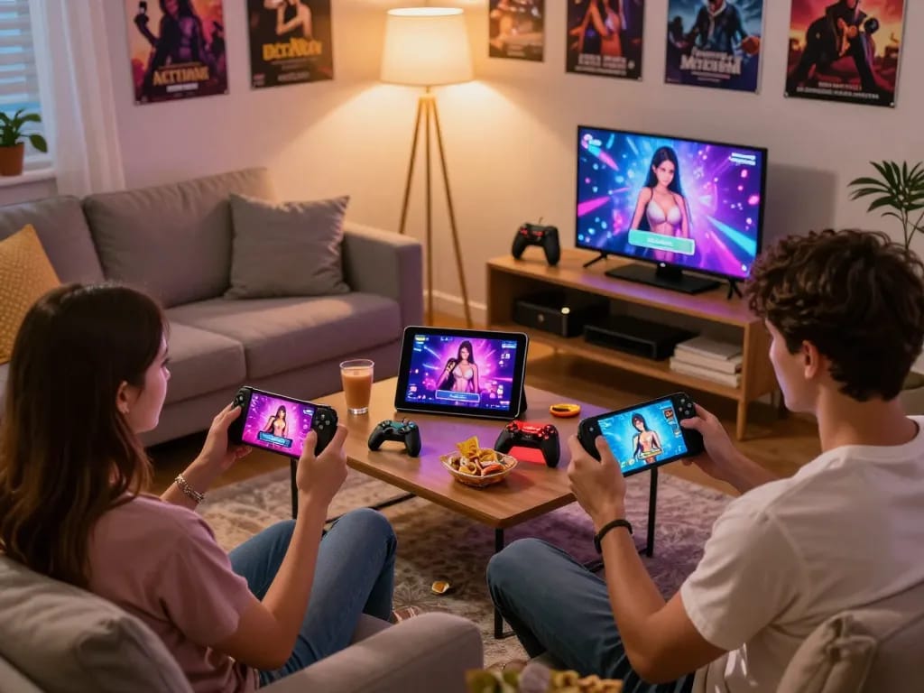 Young couple enjoying sex simulator games on their devices in a cozy living room.